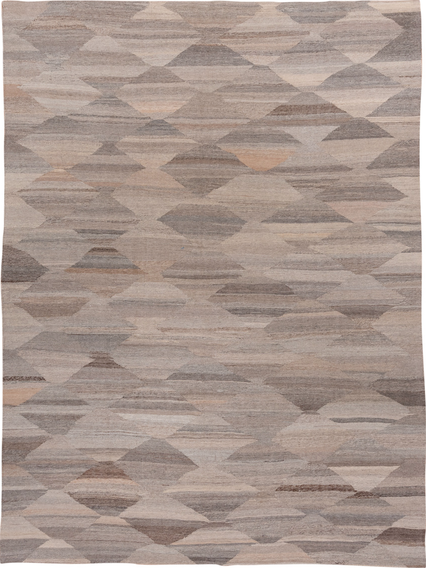 8' x 11' one-of-a-kind handmade vintage Kilim large size rug. Color palette: brown, gray, light gray, off-white, pink