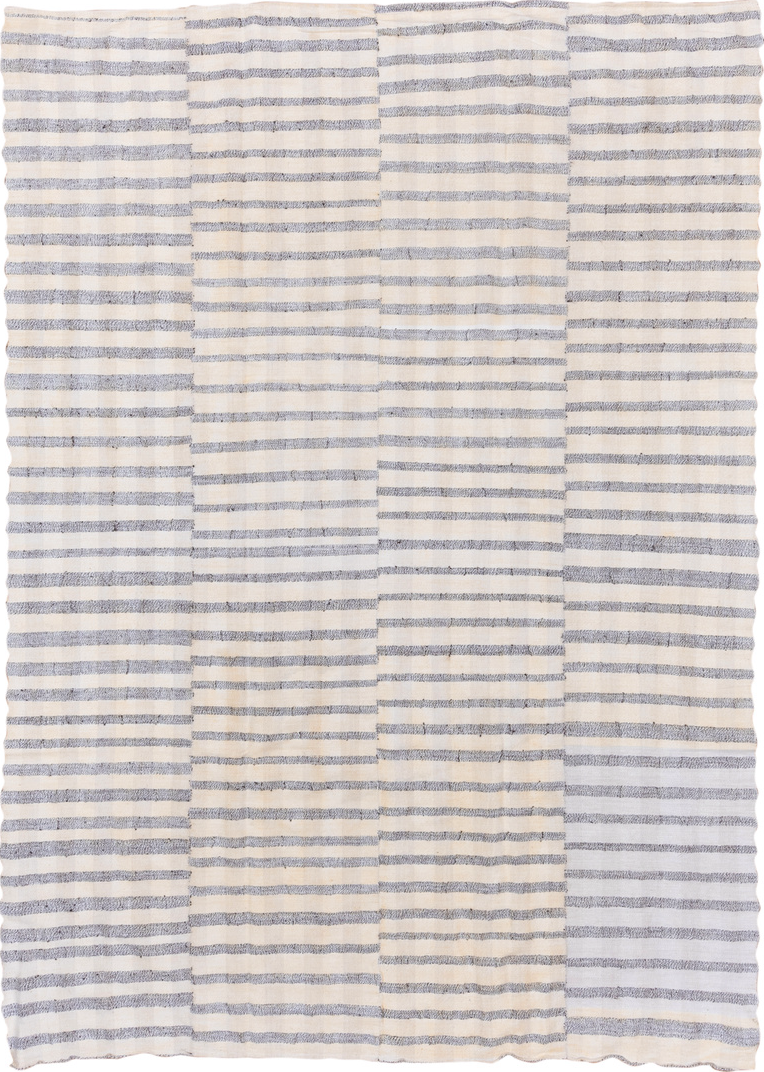 7' x 10' one-of-a-kind handmade vintage Textile large size rug. Color palette: dark gray, gainsboro, gray, light gray, linen