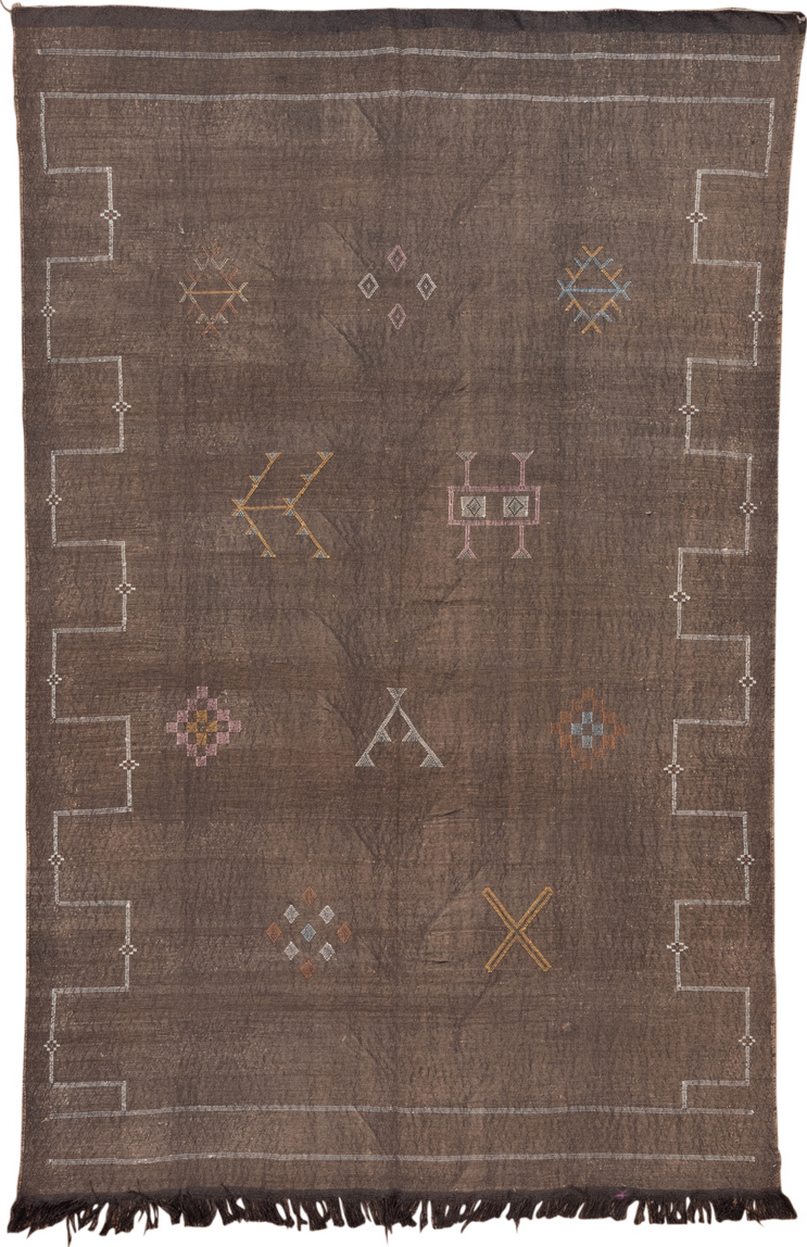 5' x 8' one-of-a-kind handmade vintage Cactus Kilim medium size rug. Color palette: black, brown, dark gray, gray