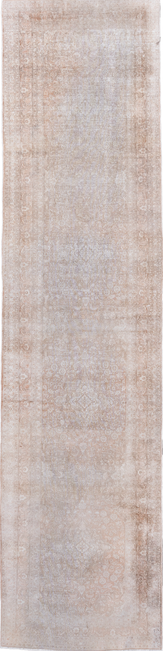 2' x 10' one-of-a-kind handmade vintage Kashmir runner rug. Color palette: gray, light gray, off-white, pink, brown, silver