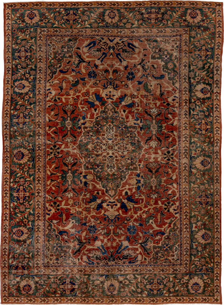 9' x 12' one-of-a-kind handmade vintage Mahal large size rug. Color palette: gray, off-white, blue, brown, black, red
