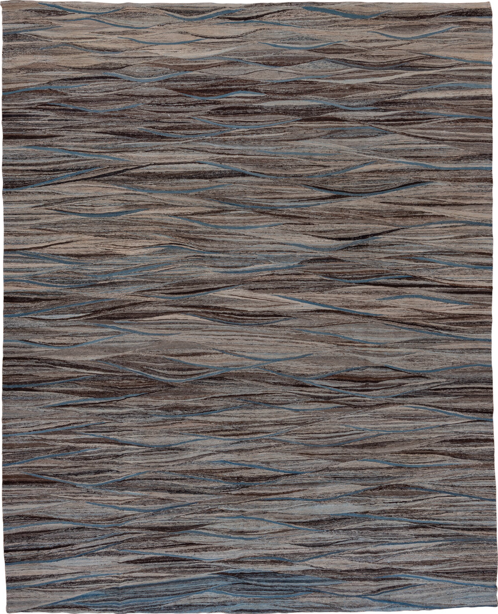 9' x 11' one-of-a-kind handmade vintage Kilim large size rug. Color palette: arapawa, black, blue, charcoal, dark gray