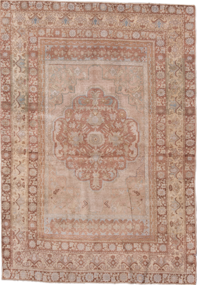 4' x 6' one-of-a-kind handmade vintage Oushak small size rug. Color palette: brown, gray, light gray, pink