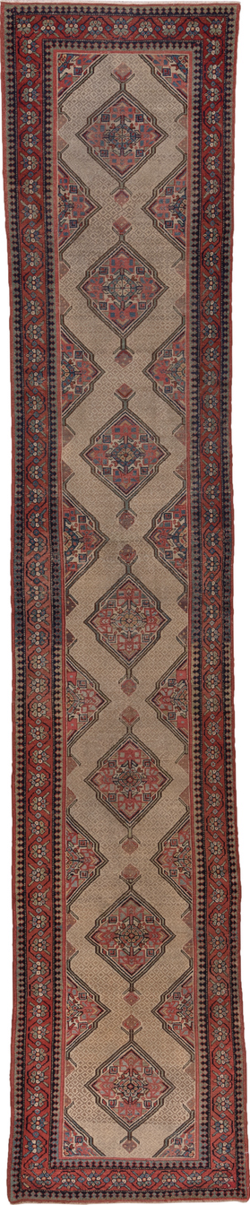 3' x 16' one-of-a-kind handmade vintage Cam Hamadan runner rug. Color palette: blue, brown, gray, light gray, pink, red