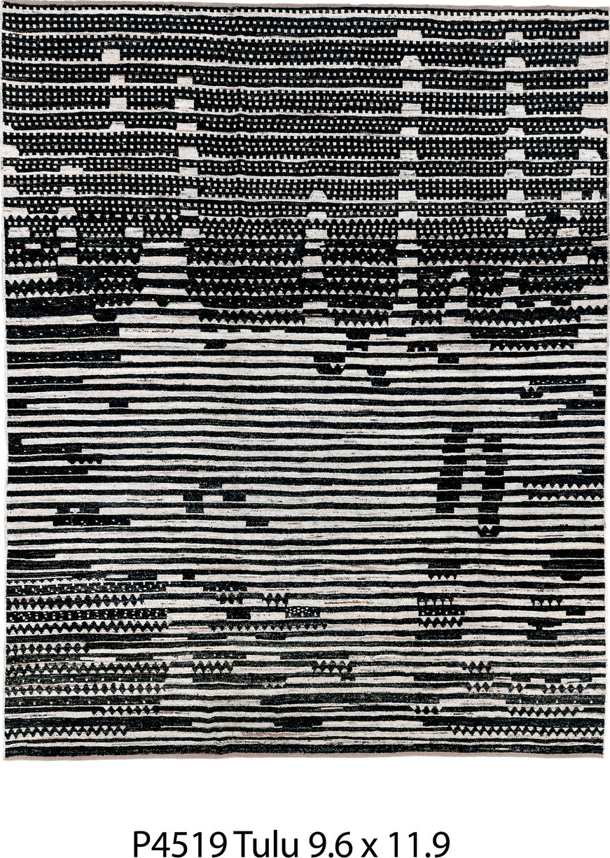 9' x 11' one-of-a-kind handmade vintage Tulu large size rug. Color palette: black, blue, charcoal, dark gray, gray