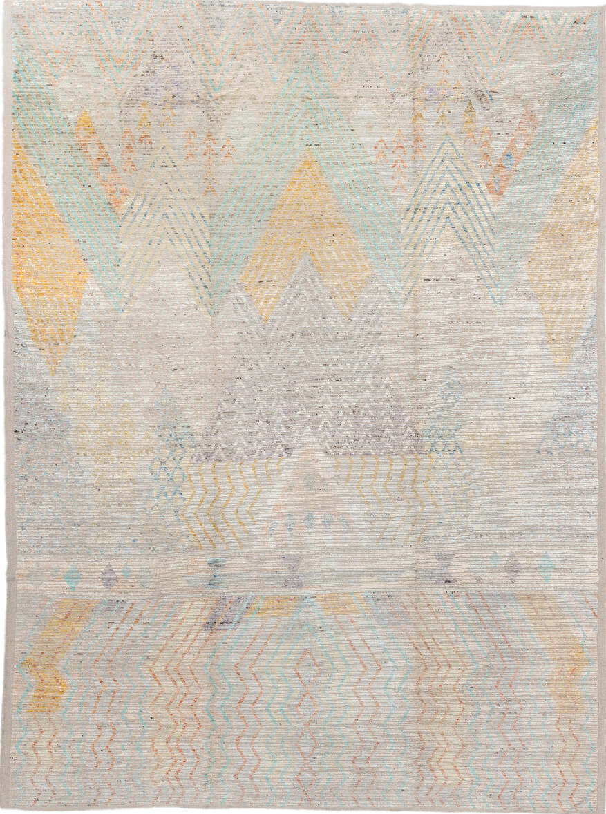 10' x 13' one-of-a-kind handmade vintage Tulu large size rug. Color palette: brown, gainsboro, gray, light blue, light gray