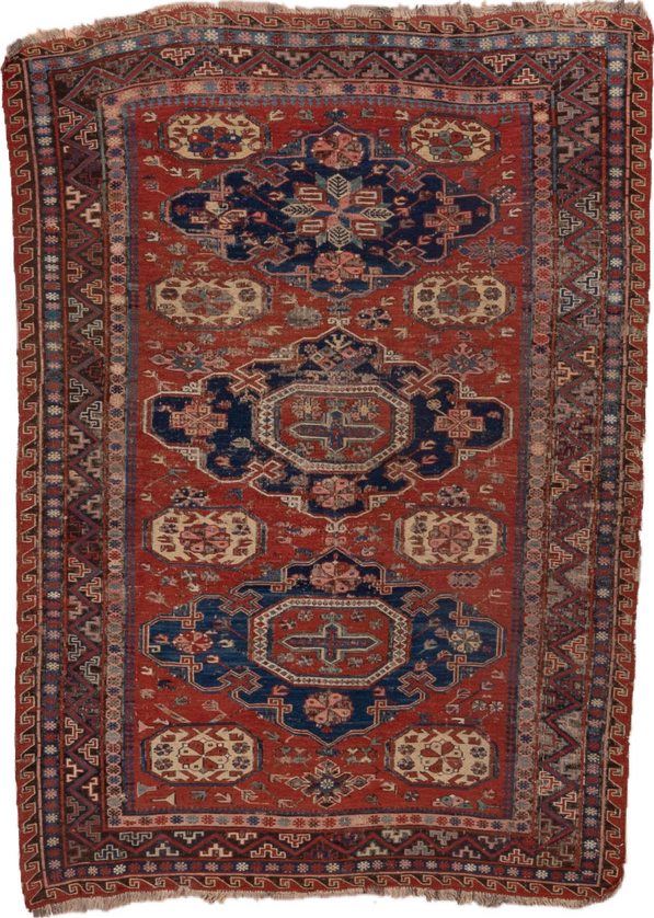 4' x 6' one-of-a-kind handmade vintage Sumak small size rug. Color palette: blue, brown, gray, light gray, pink, red