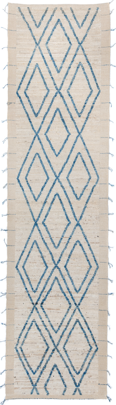 3' x 13' one-of-a-kind handmade vintage Tulu runner rug. Color palette: gray, light gray, blue, off-white, light blue, pink