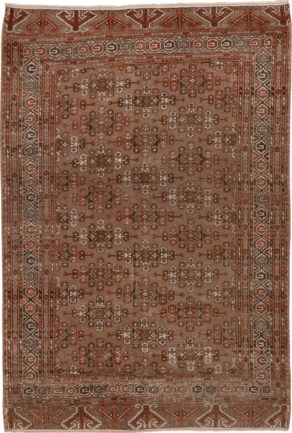 4' x 6' one-of-a-kind handmade vintage Torkaman small size rug. Color palette: brown, gray, light gray, pink