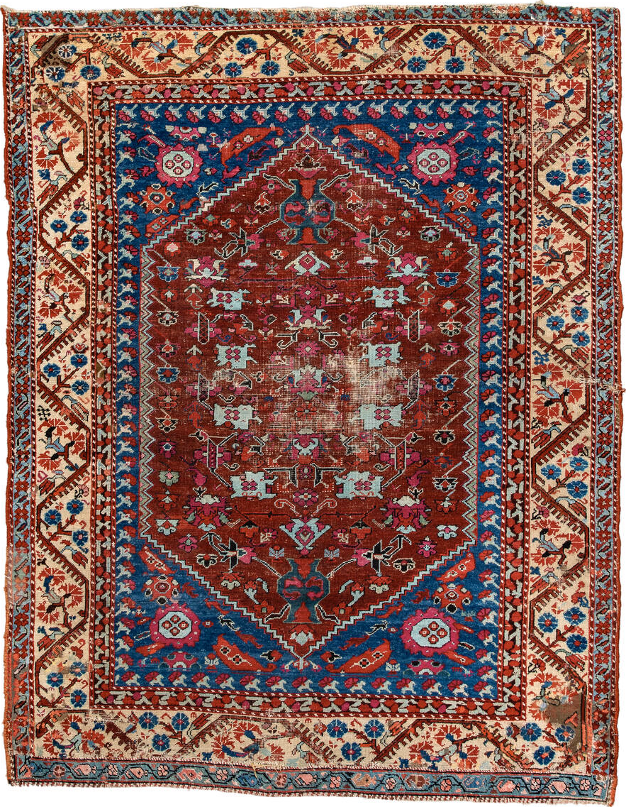 4' x 6' one-of-a-kind handmade vintage Anatol small size rug. Color palette: brown, red, pink, gray, blue, light gray