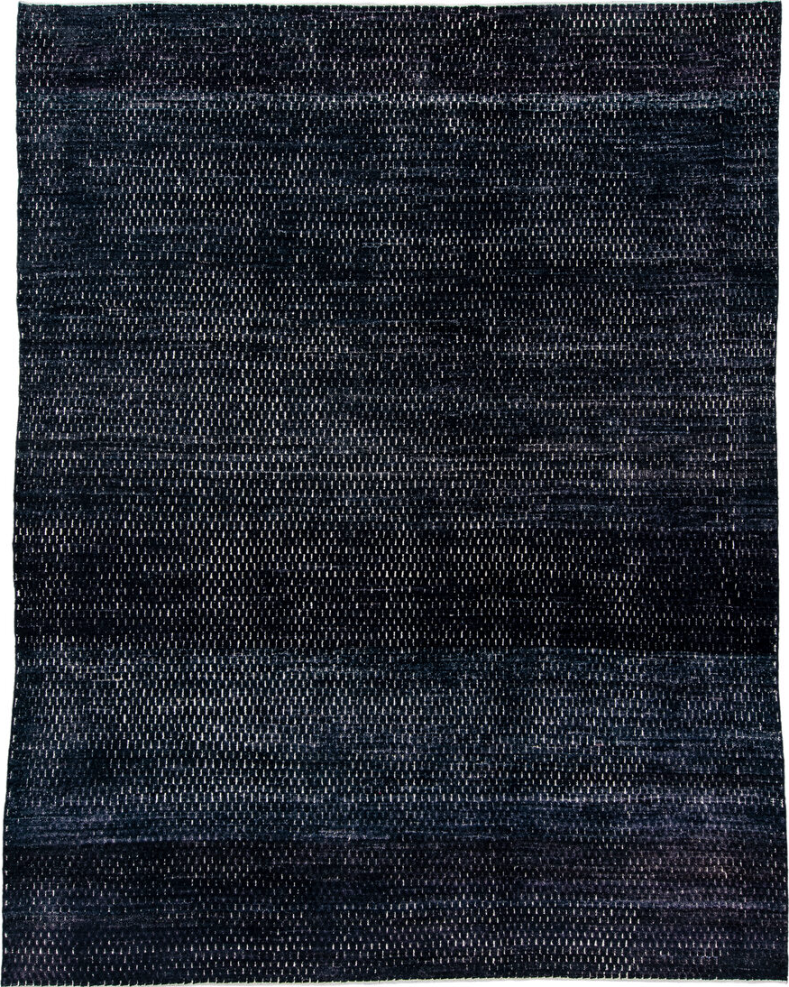 9' x 12' one-of-a-kind handmade vintage Tulu large size rug. Color palette: black, blue, dark gray, gray, light gray