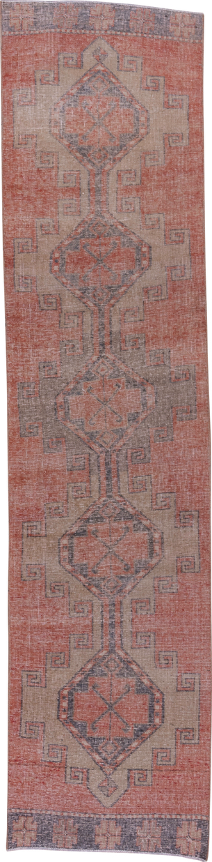 2' x 11' one-of-a-kind handmade vintage Oushak runner rug. Color palette: brown, gray, off-white, pink, red, snow, white