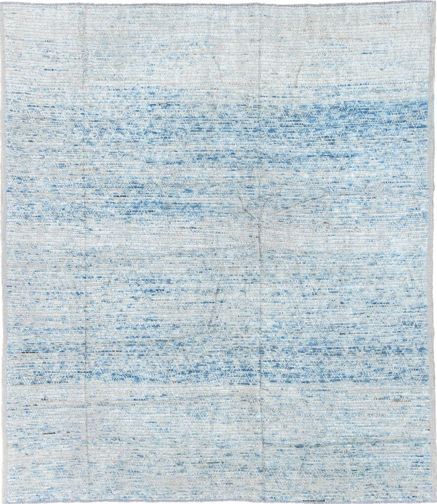 8' x 9' one-of-a-kind handmade vintage Tulu rug. Color palette: black, blue, charcoal, dark gray, dim gray, gainsboro, gray