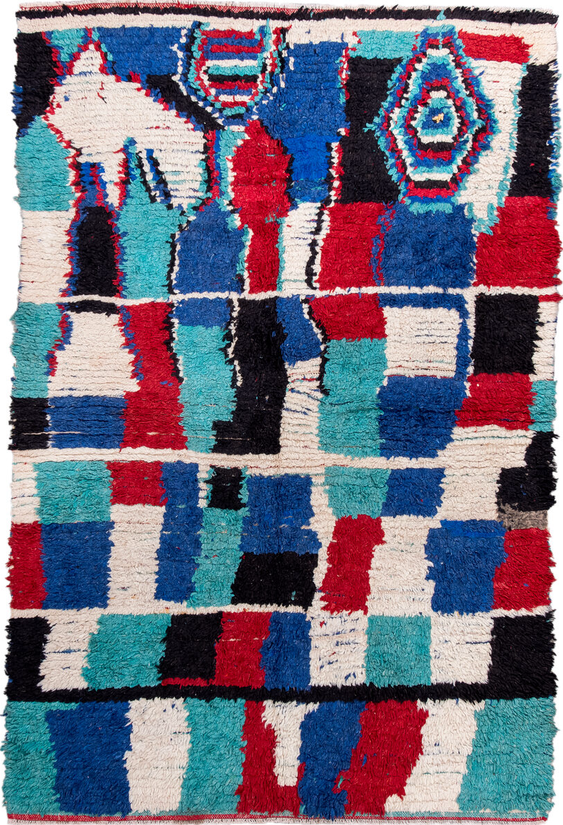 4' x 6' one-of-a-kind handmade vintage Moroccan small size rug. Color palette: blue, green, off-white, gray, light gray
