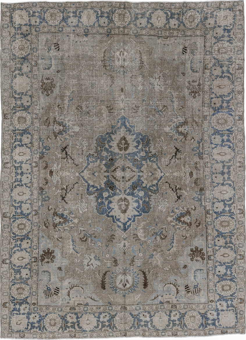 9' x 12' one-of-a-kind handmade vintage Tabriz large size rug. Color palette: black, blue, charcoal, dark gray, dim gray