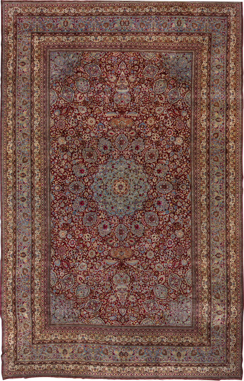 11' x 17' one-of-a-kind handmade vintage Kerman oversize rug. Color palette: blue, brown, gray, pink, red, redwood