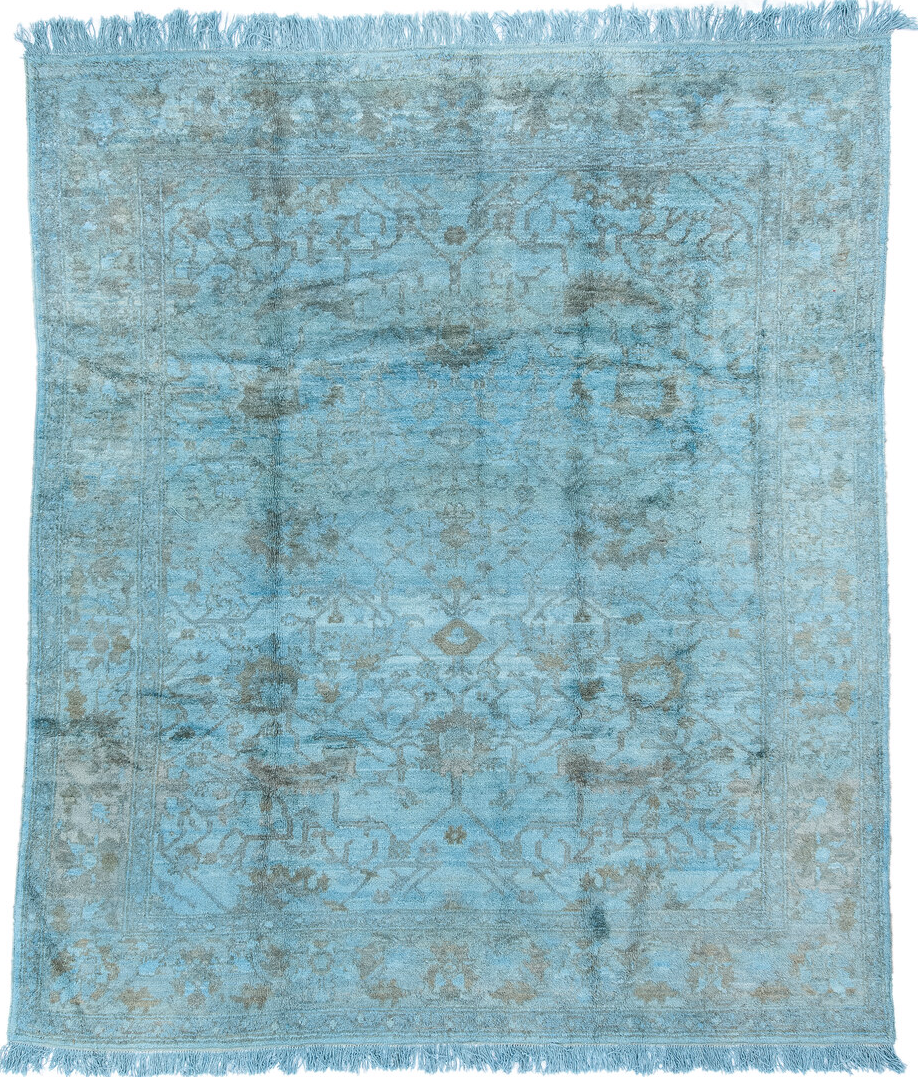 8' x 9' one-of-a-kind handmade vintage Oushak rug. Color palette: blue, gray, light blue, light gray, powderblue