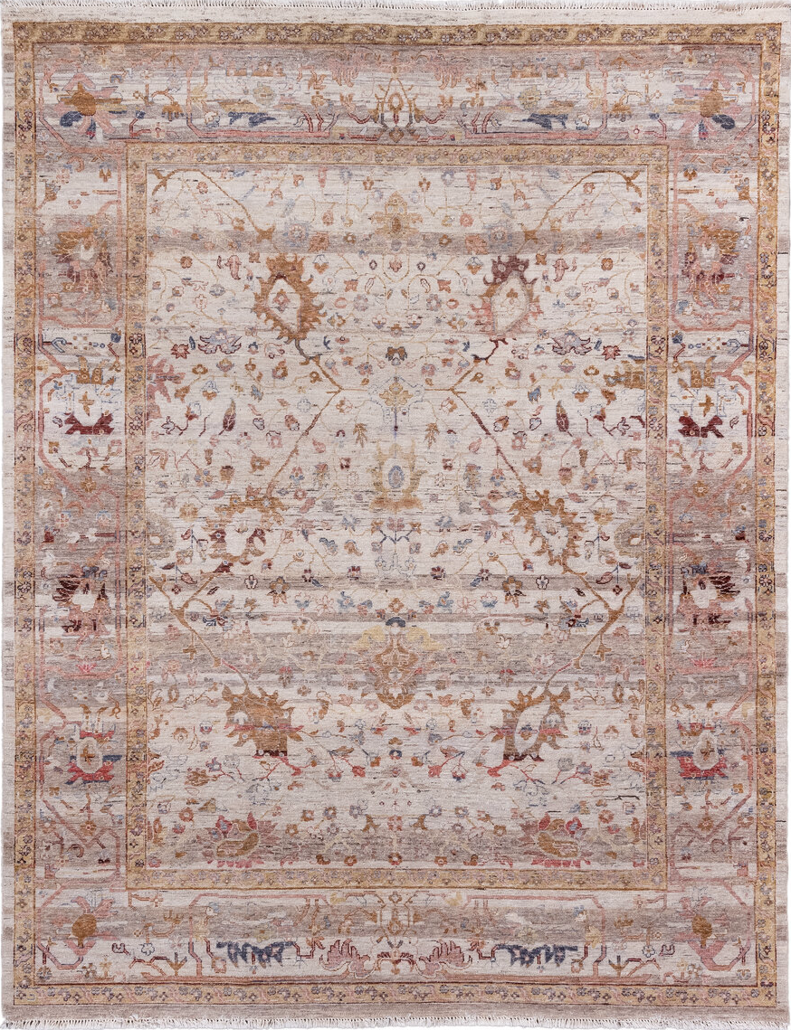 7' x 10' one-of-a-kind handmade vintage Mahal large size rug. Color palette: blue, brown, gray, light gray, off-white, pink