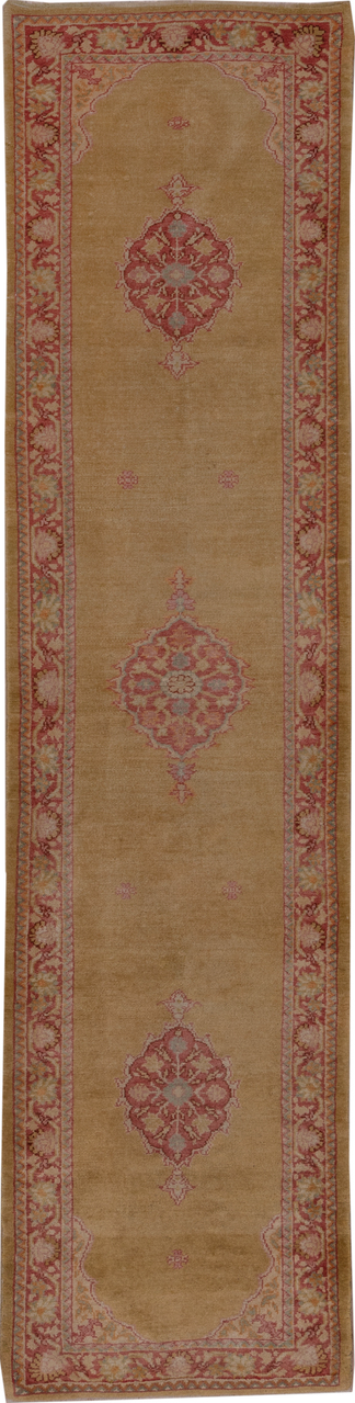2' x 11' one-of-a-kind handmade vintage Oushak runner rug. Color palette: brown, off-white, pink, red, snow, white