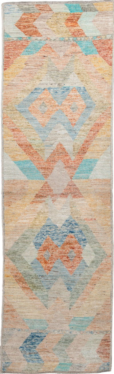 2' x 9' one-of-a-kind handmade vintage Kilim runner rug. Color palette: gray, brown, light blue, light gray, off-white