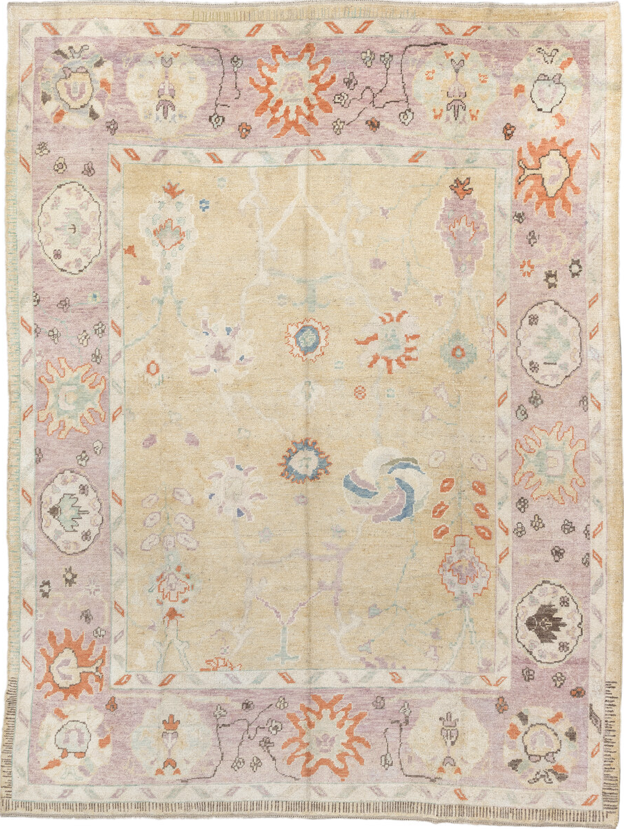 9' x 11' one-of-a-kind handmade vintage Oushak large size rug. Color palette: pink, off-white, gray, light gray, orange