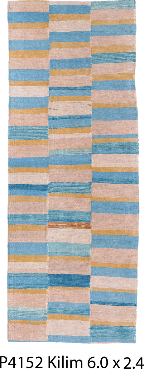 2' x 6' one-of-a-kind handmade vintage Kilim runner rug. Color palette: blue, brown, gray, light blue, light gray, off-white
