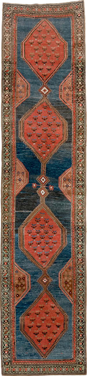 2' x 11' one-of-a-kind handmade vintage NW Persian runner rug. Color palette: arapawa, blue, brown, dark slate gray