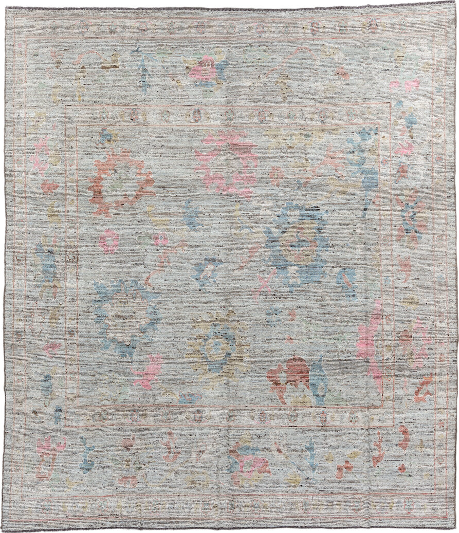 8' x 9' one-of-a-kind handmade vintage Oushak rug. Color palette: brown, dim gray, gainsboro, gray, light blue, light gray