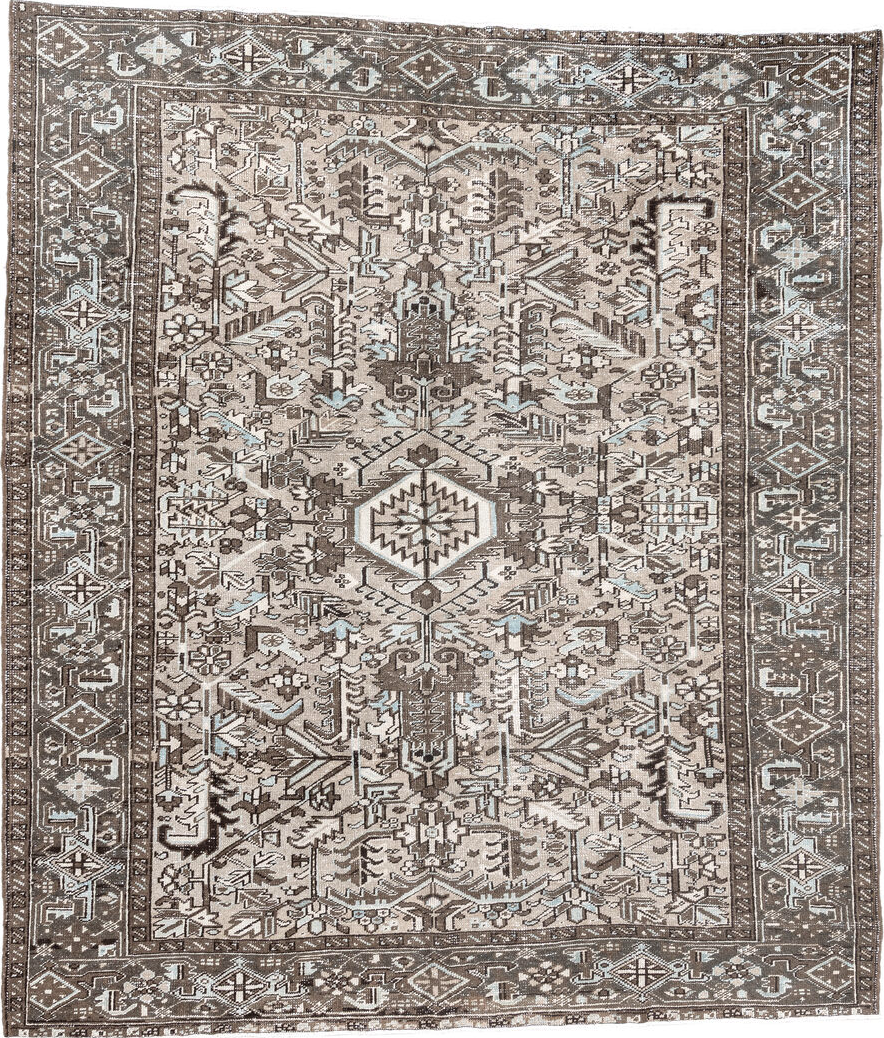 8' x 9' one-of-a-kind handmade vintage Heriz rug. Color palette: black, brown, charcoal, dark gray, gray, light gray, linen