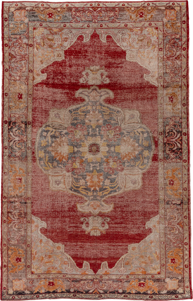 9' x 14' one-of-a-kind handmade vintage Oushak large size rug. Color palette: brown, gray, pink, red