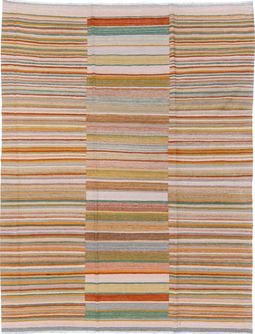 8' x 10' one-of-a-kind handmade vintage Kilim large size rug. Color palette: brown, gray, light gray, off-white, orange