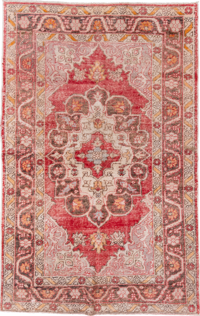 5' x 8' one-of-a-kind handmade vintage Oushak medium size rug. Color palette: brown, gray, light gray, off-white, pink, red