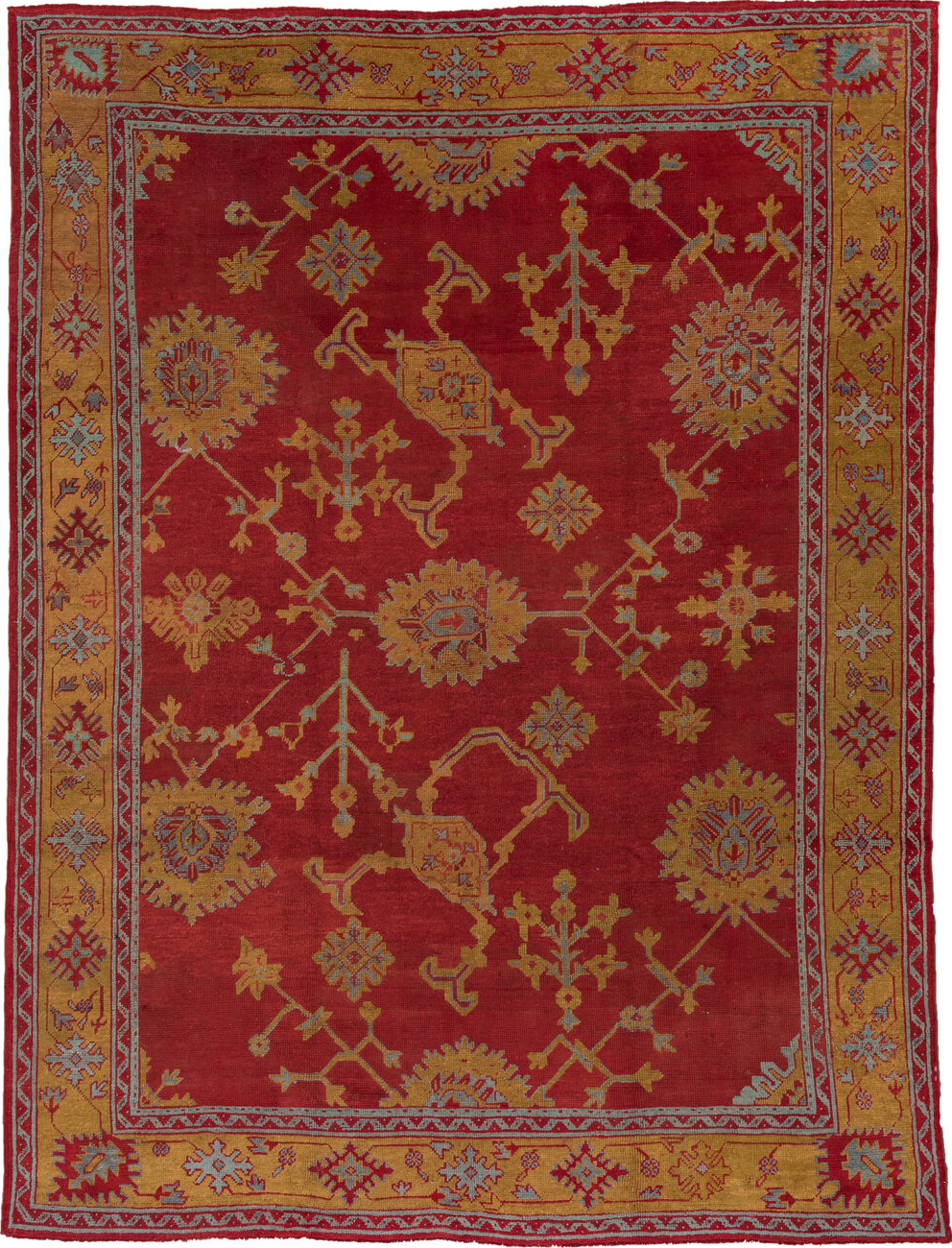 8' x 11' one-of-a-kind handmade vintage Oushak large size rug. Color palette: brown, gray, red