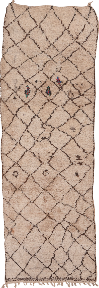 3' x 9' one-of-a-kind handmade vintage Moroccan runner rug. Color palette: brown, gray, off-white, pink, snow, white