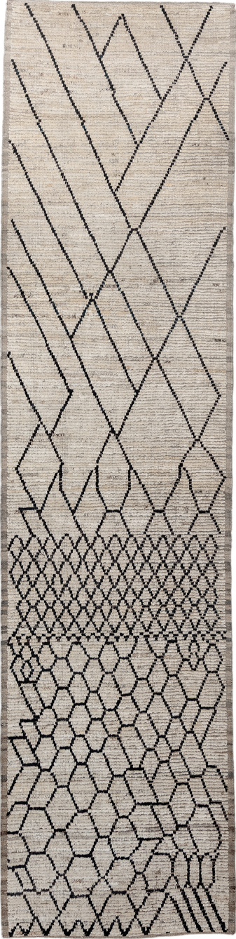 3' x 13' one-of-a-kind handmade vintage Tulu runner rug. Color palette: gray, off-white, black, light gray, pink, charcoal