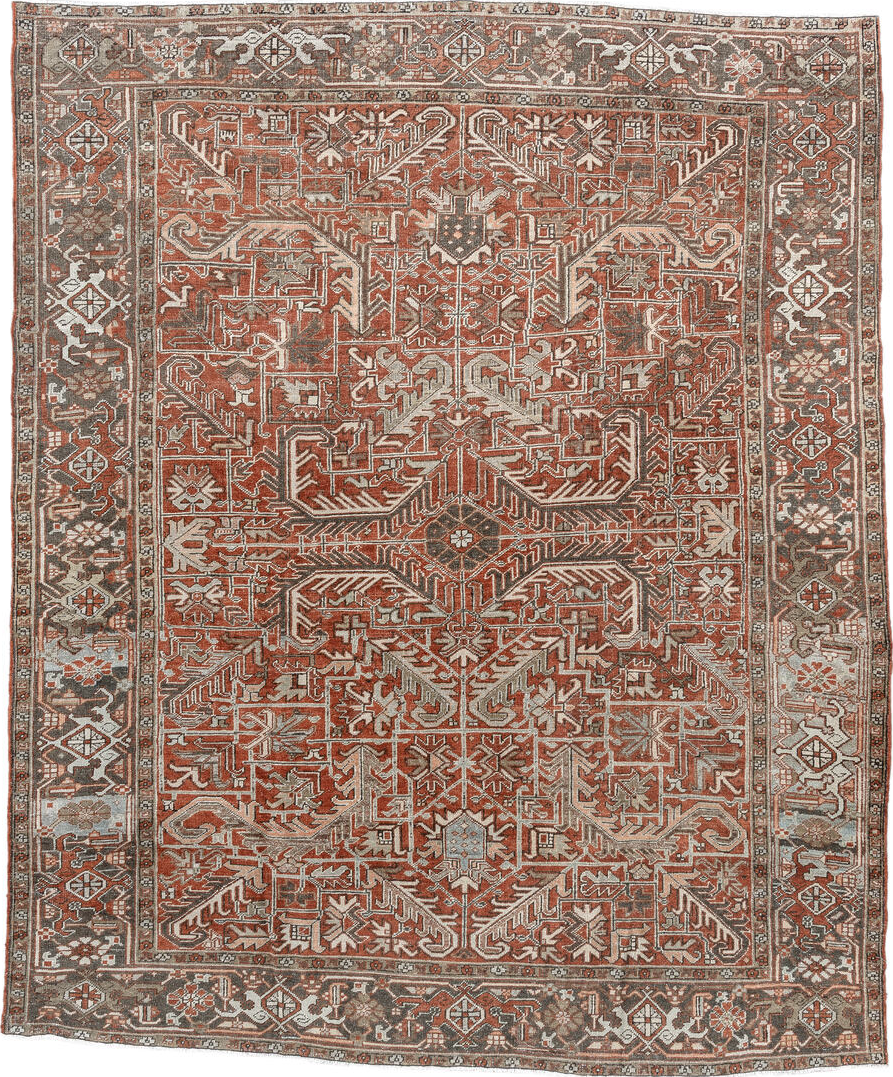 8' x 9' one-of-a-kind handmade vintage Heriz rug. Color palette: gray, brown, off-white, pink, light gray, orange, linen