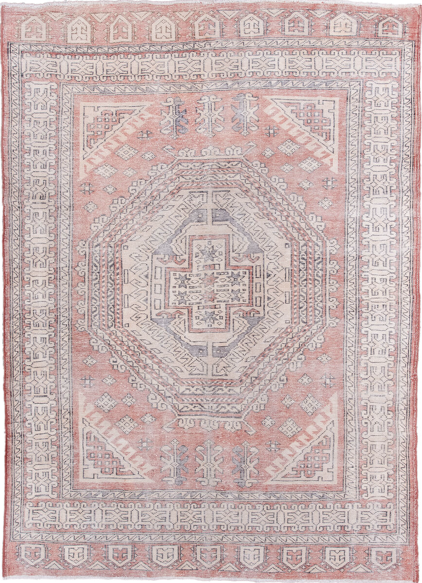 6' x 9' one-of-a-kind handmade vintage Sparta medium size rug. Color palette: dim gray, gray, light gray, linen, misty rose