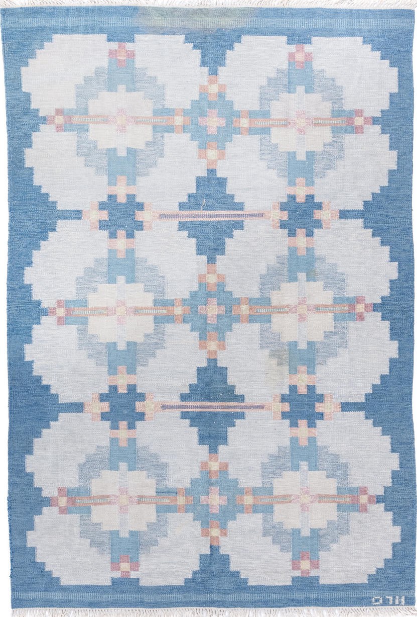 6' x 9' one-of-a-kind handmade vintage Rollaken medium size rug. Color palette: blue, gainsboro, gray, light blue