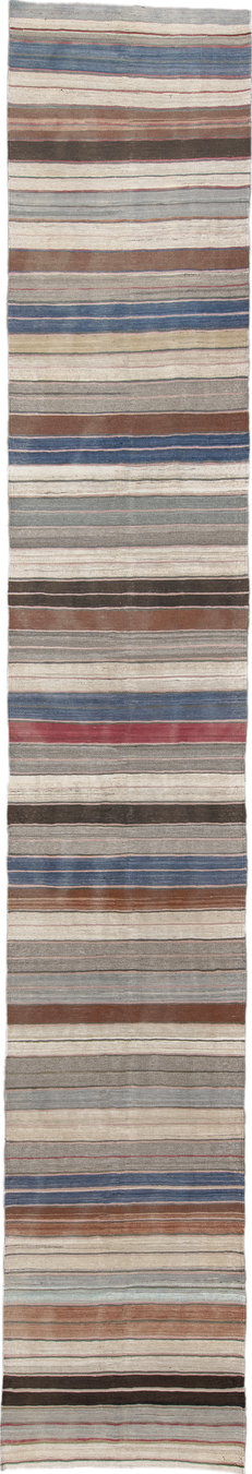 2' x 16' one-of-a-kind handmade vintage Kilim runner rug. Color palette: gray, blue, light gray, off-white, brown, pink, red