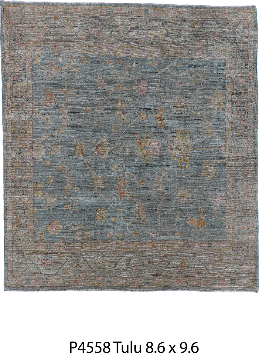 8' x 9' one-of-a-kind handmade vintage Tulu rug. Color palette: black, brown, charcoal, dark gray, dim gray, gainsboro, gray