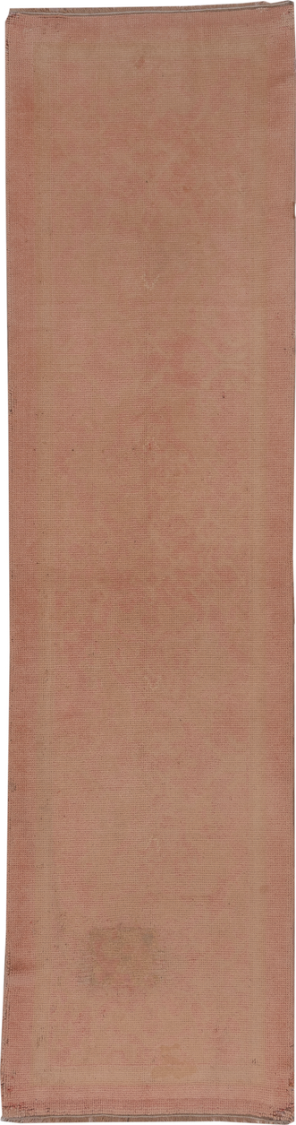 3' x 11' one-of-a-kind handmade vintage Oushak runner rug. Color palette: brown, gray, off-white, pink, snow, white