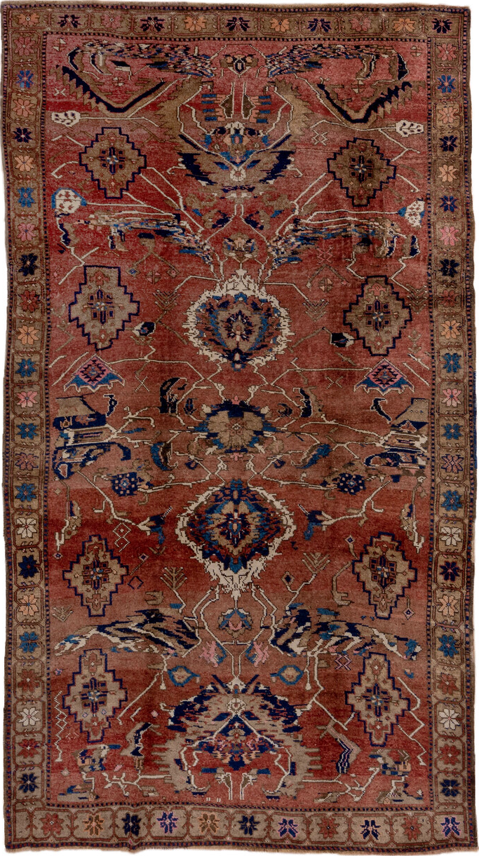 7' x 13' one-of-a-kind handmade vintage Karabagh large size rug. Color palette: blue, brown, gray, pink, red, redwood