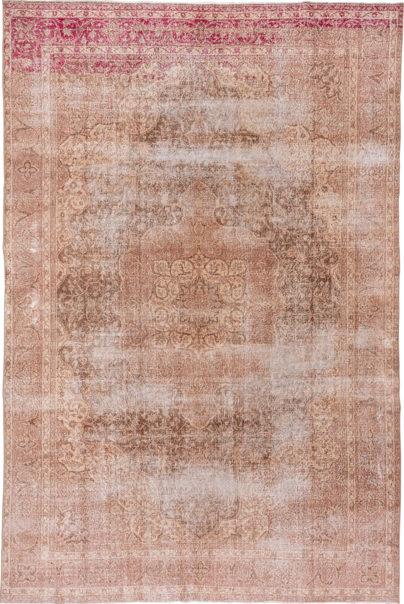 7' x 11' one-of-a-kind handmade vintage Oushak large size rug. Color palette: brown, gray, light gray, off-white, orange