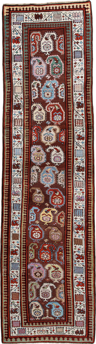 3' x 11' one-of-a-kind handmade vintage Sarab runner rug. Color palette: black, blue, brown, burlywood, gray, light blue
