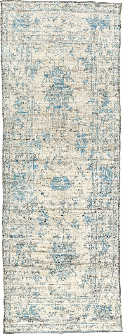 3' x 8' one-of-a-kind handmade vintage Tulu runner rug. Color palette: blue, dark gray, dim gray, gray, light blue