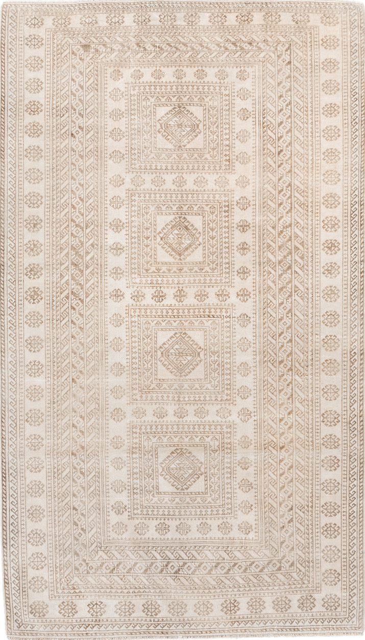 3' x 6' one-of-a-kind handmade vintage Belouch small size rug. Color palette: antiquewhite, brown, gainsboro, gray