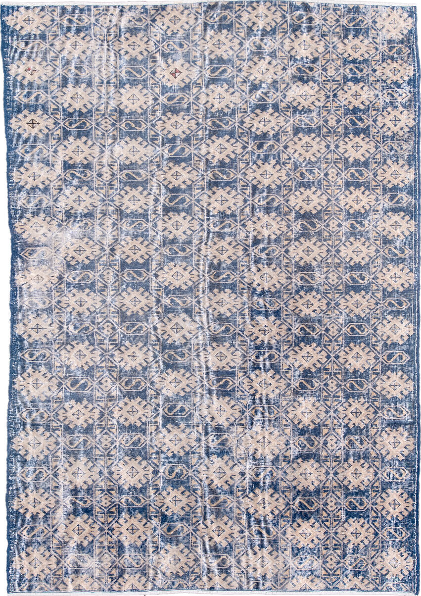 4' x 6' one-of-a-kind handmade vintage Sparta small size rug. Color palette: blue, dark gray, fiord, gray, lavender blush
