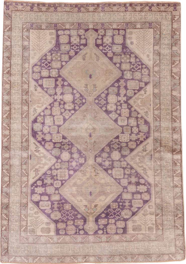 3' x 5' one-of-a-kind handmade vintage Sivas small size rug. Color palette: brown, gray, light gray, off-white, orange, pink