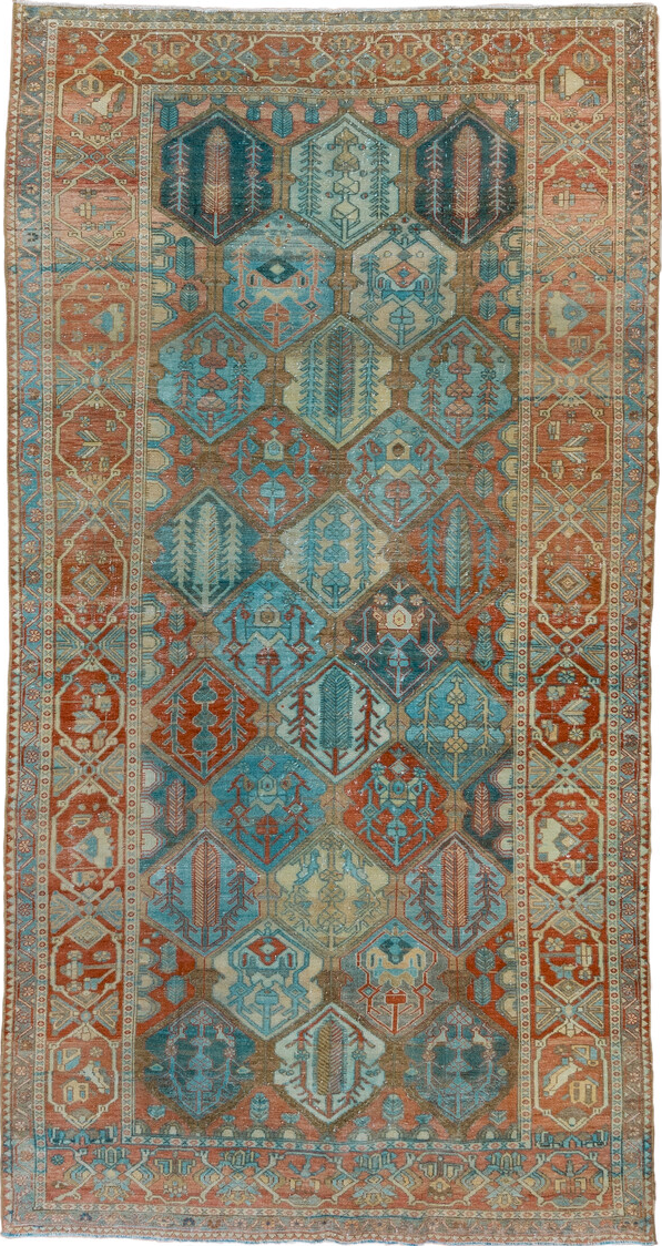 5' x 10' one-of-a-kind handmade vintage Baktiary runner rug. Color palette: blue, brown, dark slate gray, gray, green
