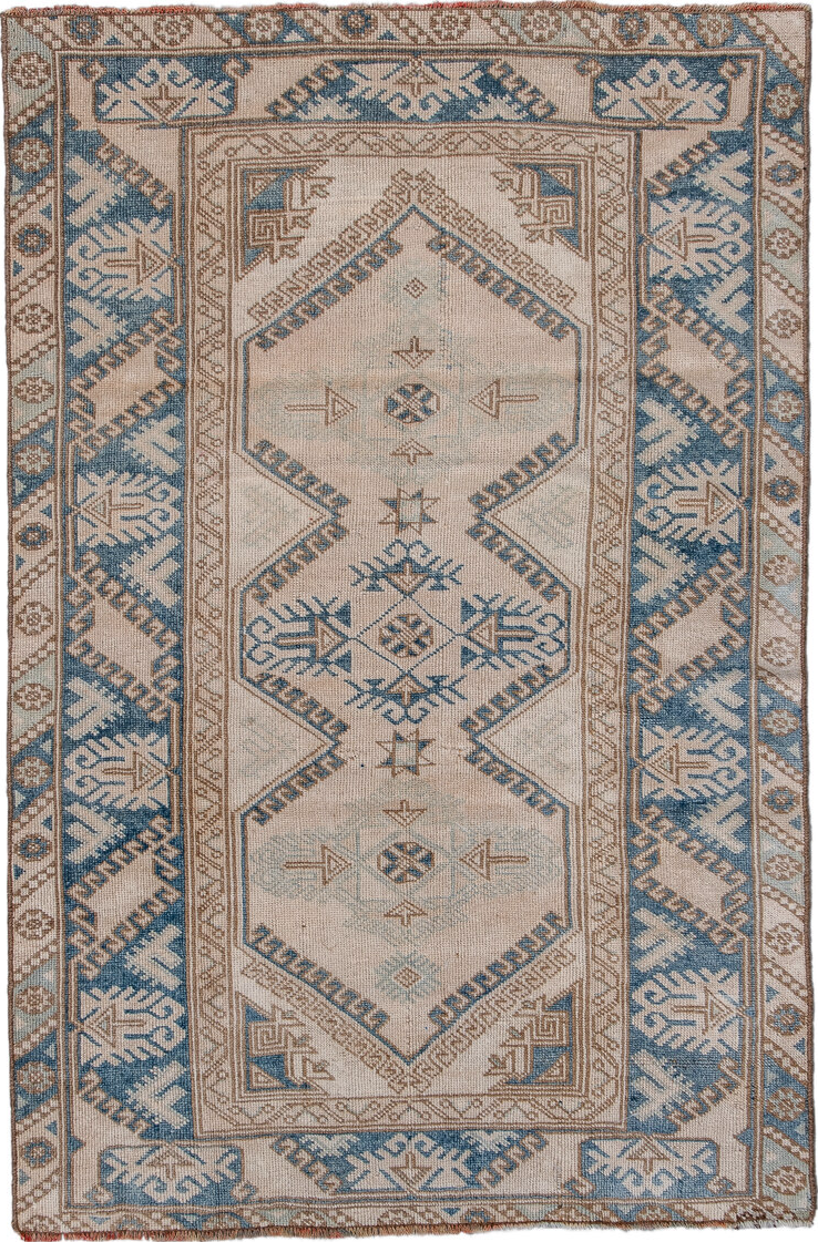 3' x 5' one-of-a-kind handmade vintage Oushak small size rug. Color palette: black, blue, brown, dim gray, gray, light gray